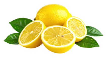 A vibrant composition featuring a whole lemon alongside sliced ones, showcasing their juicy interiors. Lush green leaves provide contrast