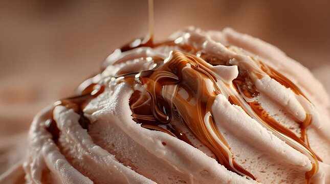 A close-up view of creamy swirls, topped with a cascade of caramel-colored sauce, creating a delectable, tempting dessert