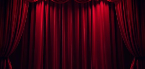 Luxurious deep red velvet curtain draped richly, creating an elegant backdrop with soft folds and dramatic lighting, ideal for theatre or event themes,  decor,  deep red
