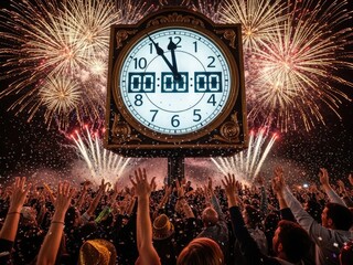 New Year's Eve celebration with countdown clock and fireworks display