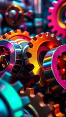 Gleaming gears of industry, amplified by hyperreal saturation and extreme macro detail, revealing intricate connections ,  detail,  vibrant