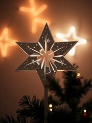 Gently fractured star topper, casting subtle patterns in hushed holiday light,  imperfection,  star