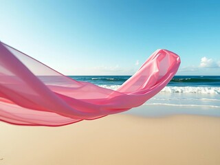 Serene beach scene with flowing fabric and ocean,  fabric, beach