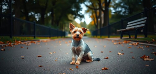 Small terrier mix sits alone at a park entrance, head tilted, appearing disoriented and searching for its home,  adoption,  alone