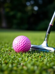 Pink golf ball on lush green fairway with club,  grass,  equipment