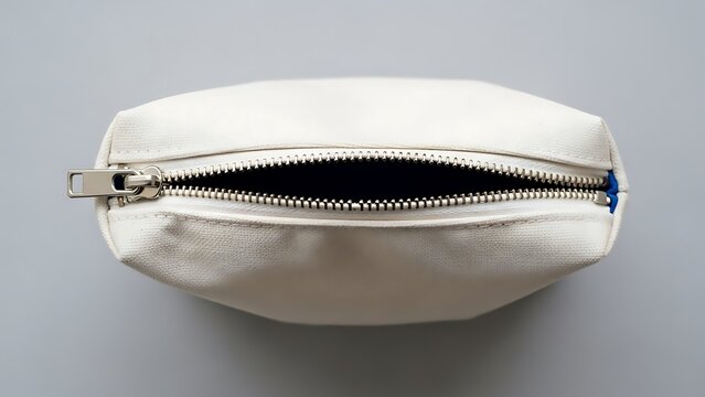 Open white canvas pouch with silver zipper on a minimalist gray backdrop