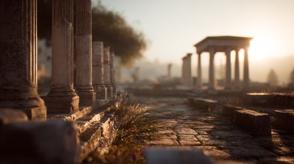 Ancient Greek Agora Marketplace Ruins. Blurred background