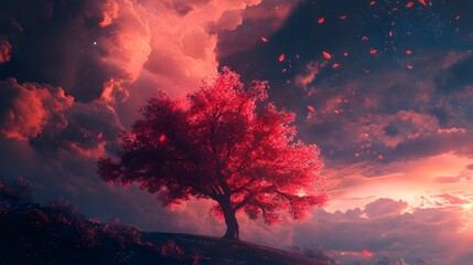 A single, vibrant red tree stands tall against a dramatic, stormy sky with swirling pink clouds and falling red petals.