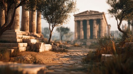Obraz premium Ancient Greek Agora Marketplace Ruins. Blurred background