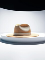 A single fedora sits on a stark, white surface under dramatic lighting,  style,  professional