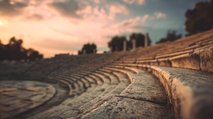 Ancient Greek Amphitheater Seats with Pastel Sky and Bokeh. Blurred background