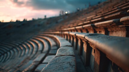 Ancient Greek Amphitheater Seats with Pastel Sky and Bokeh. Blurred background