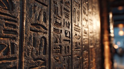 Naklejka premium Egyptian Hieroglyphic Wall Textures with Soft Ambient Light. Blurred background