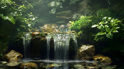 A small waterfall cascades over moss-covered rocks in a lush green forest.