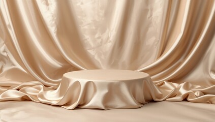 Elegant beige fabric drapery and pedestal display for product presentation and background use