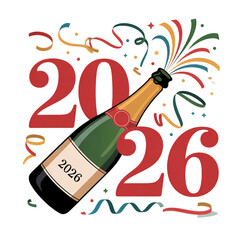 Vibrant 2026 New Year's celebration with champagne bottle and colorful confetti