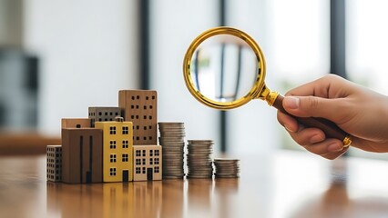 Inspecting property investment opportunities with magnifying glass