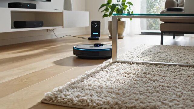 Robot vacuum cleaner on wooden floor