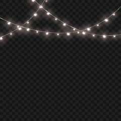 Christmas White Crossed Glowing String Lights Border on Transparent Background. Vector