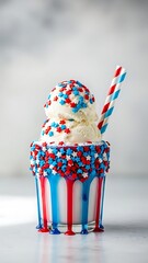 Naklejka premium Patriotic ice cream cup with red, white, and blue sprinkles
