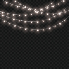 Christmas White Crossed Glowing String Lights Border on Transparent Background. Vector