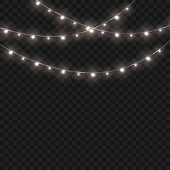 Christmas White Crossed Glowing String Lights Border on Transparent Background. Vector