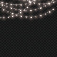 Christmas White Crossed Glowing String Lights Border on Transparent Background. Vector