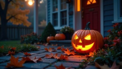 Spooky jack-o'-lantern glows on porch, autumn leaves scattered , decoration, glow, night