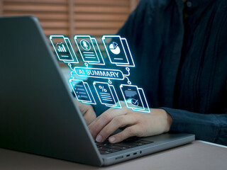 AI summary technology concept with digital data visualization. Person using artificial intelligence tools to generate automated summaries, improving productivity and efficiency in data analysis tasks.