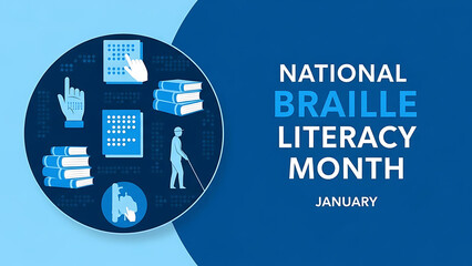 National braille literacy month january graphic with icons for visually impaired and reading