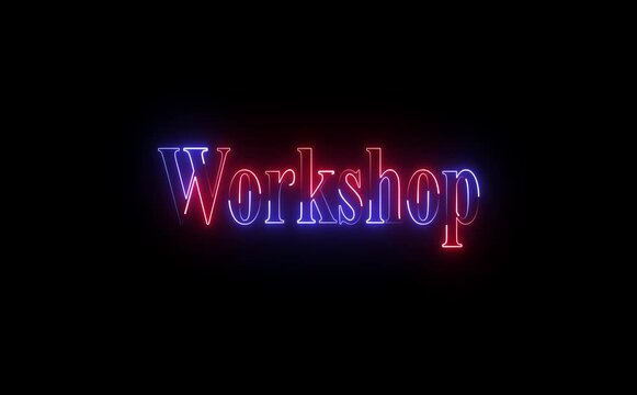 Glowing neon icon with bold Workshop text represents collaboration, learning, creativity, and hands-on training through vibrant lines, modern style, and energetic visual emphasis worldwide engagement.