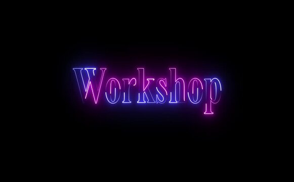 Glowing neon icon with bold Workshop text represents collaboration, learning, creativity, and hands-on training through vibrant lines, modern style, and energetic visual emphasis worldwide engagement.