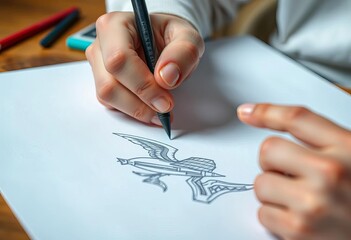 Close-up of sketching hand gestures, graphite on paper, light, surface