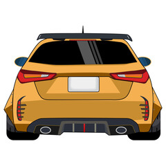 Rear View of Yellow sports Hatchback Car with a wide body Illustration
