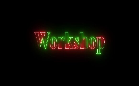Glowing neon icon with bold Workshop text represents collaboration, learning, creativity, and hands-on training through vibrant lines, modern style, and energetic visual emphasis worldwide engagement.