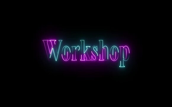 Glowing neon icon with bold Workshop text represents collaboration, learning, creativity, and hands-on training through vibrant lines, modern style, and energetic visual emphasis worldwide engagement.
