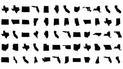 United States Vector Grid of State Silhouettes, Black Geographic Outlines for Educational, Design, Cartography, and Minimalist Graphic Illustration Use