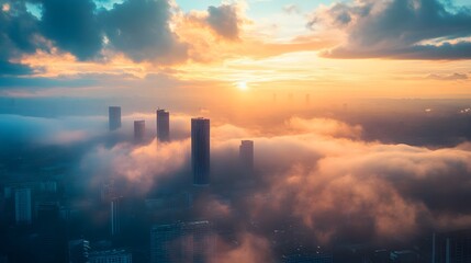 Fototapeta premium A stunning aerial view of a cityscape shrouded in fog, bathed in the golden hues of a setting sun.