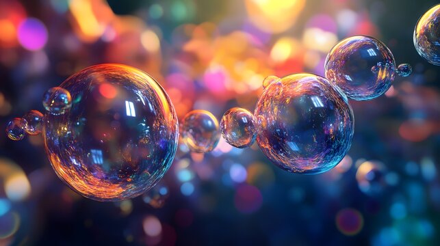 A string of iridescent soap bubbles floats in front of a dark background with colorful bokeh. - Powered by Adobe