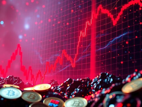 Digital currency plunge, red crypto chart falling to zero amidst panic sell off,  graph,  red