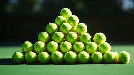 Tennis balls arranged in a triangle on green court