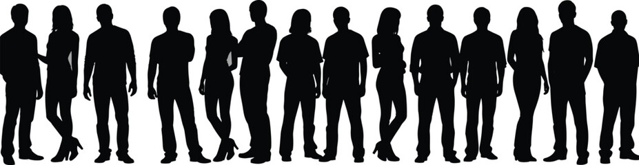 Silhouettes of diverse people standing in a row, male and female figures, unity, inclusion, anonymity, social diversity, minimalist vector illustration