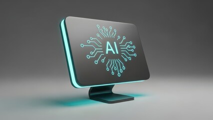 Computer monitor with a blue and green design that says AI