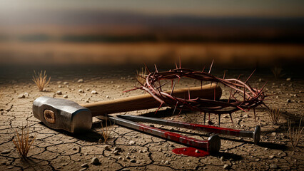 Crown of thorns, bloody nails, hammer symbolizing sacrifice and suffering