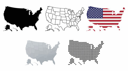United States Vector Map Set with Flag, Silhouette, Outline, Gradient, and Pixel Styles for Educational, Patriotic, and Graphic Design Illustration Use
