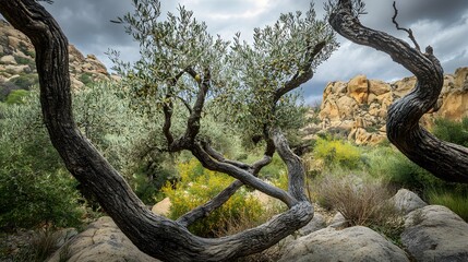 Twisted olive trees in rocky desert landscape branches