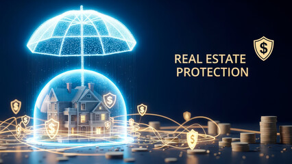 Real estate protection with glowing security umbrella and financial shields