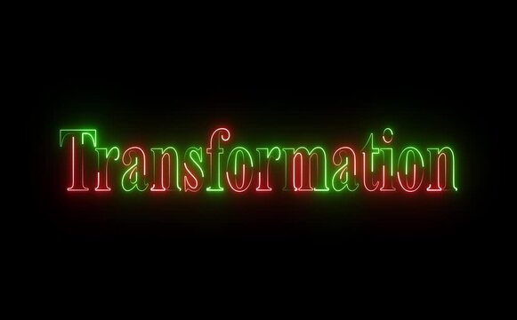 Glowing neon icon with bold Transformation text symbolizes change, innovation, growth, and progress through vibrant lines, modern style, dynamic motion, and inspiring futuristic visual energy.
