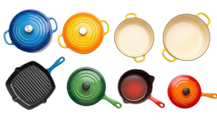 Top down flat lay of a set of colorful enameled cast iron cookware on a stovetop isolated on white background