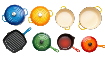 Top down flat lay of a set of colorful enameled cast iron cookware on a stovetop isolated on white background